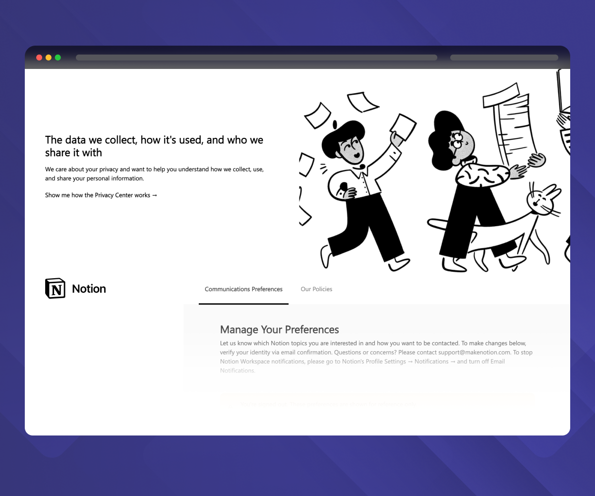 Notion privacy preferences page with an illustration of two people and a cat handling documents.