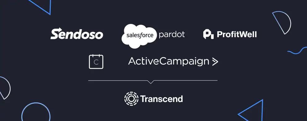 Logo showing graphic featuring sendoso salesforce pardot profitwell active campaign and transcend on black background with some graphic shapes added