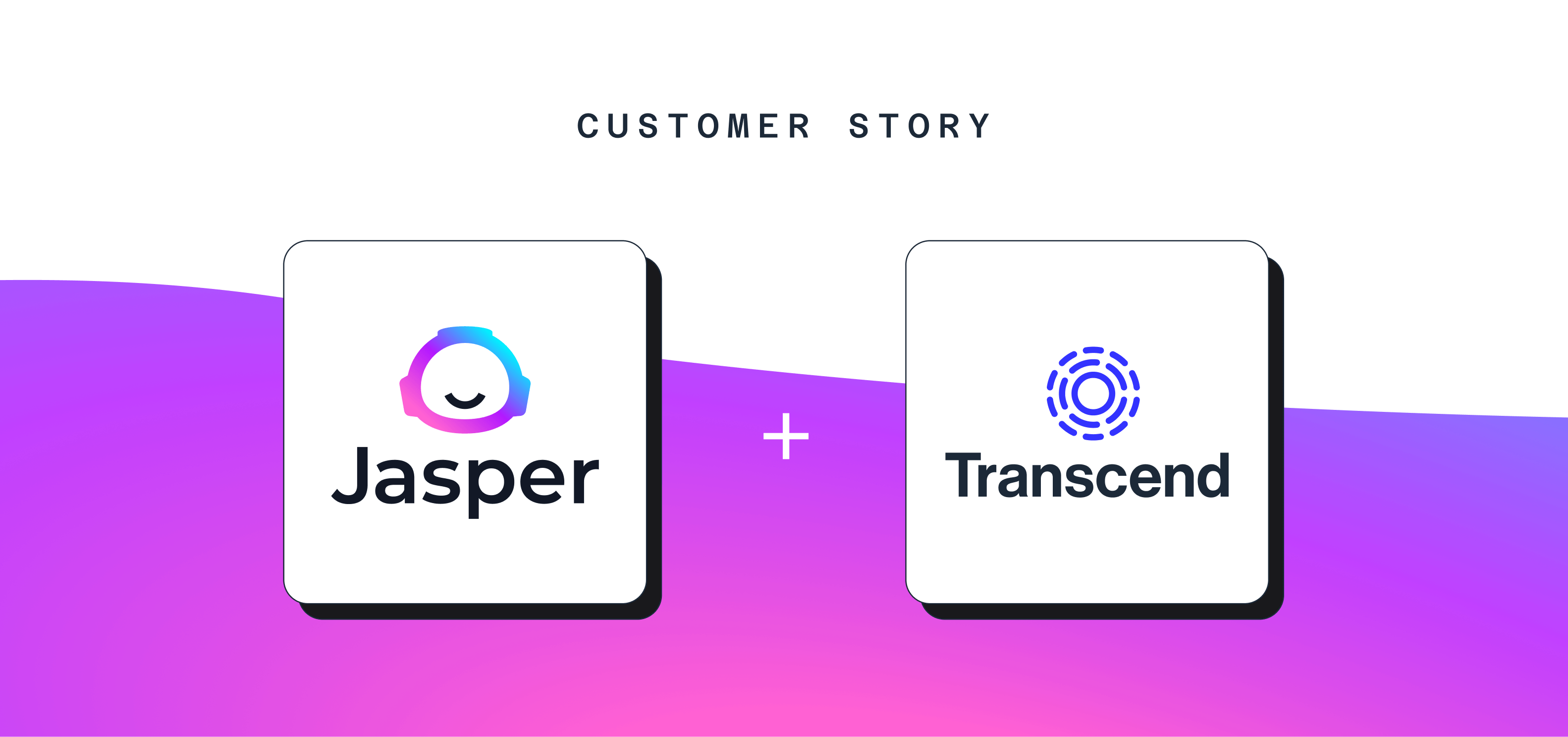 Two squares side by side with Jasper Logo and Transcend Logo joined with plus symbol in between and text reading customer story on white and purple background