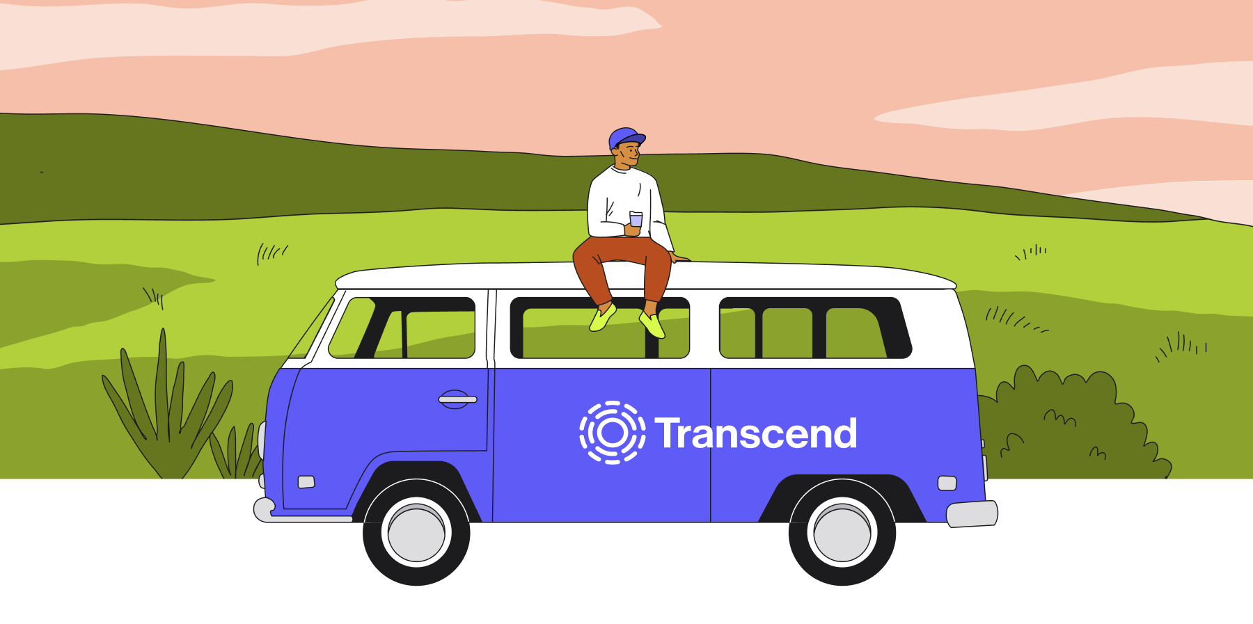Stylized image of Ron De Jesus sitting on the roof of a VW bus with the Transcend logo, heading out on Field Trips: A CPO Listening Tour