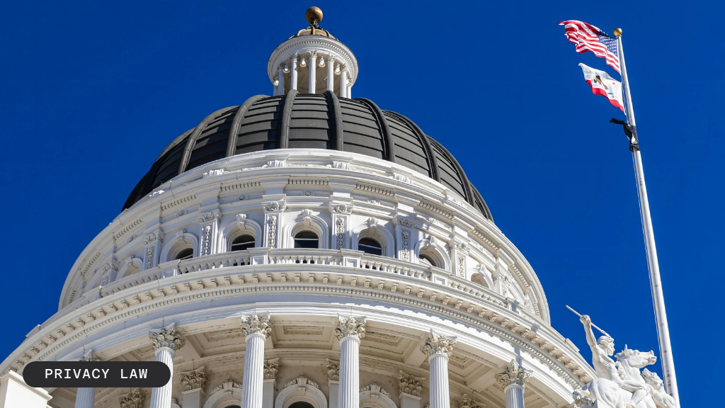 The image showcases the dome of a government building against a blue sky, with an American flag flying. Text on the left reads, "A legal and engineering roadmap for DROP readiness," along with a button labeled "Privacy Law."