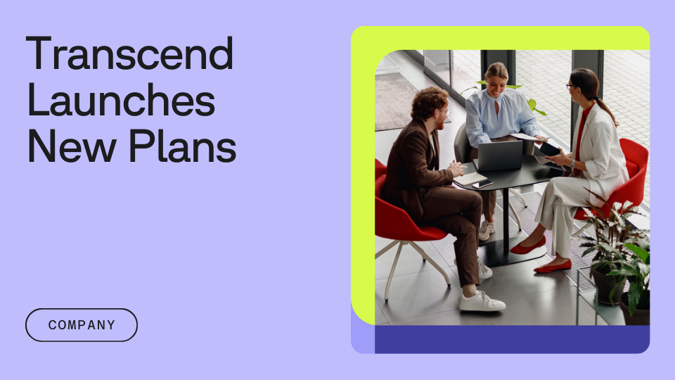 Text that reads "Transcend launches new plans" next to an image of three professionals working around a table