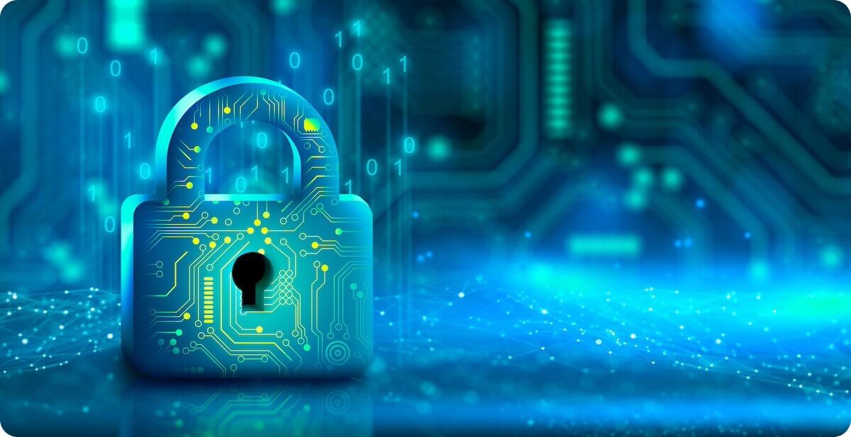 Rendering of padlock with computer PCB designs over it in front of tech themed background