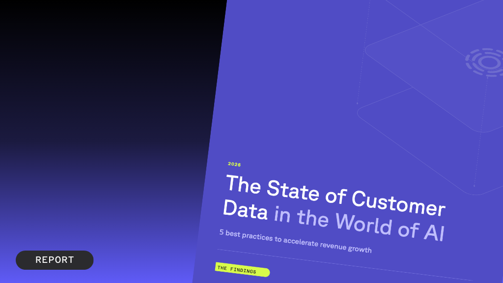 Promotional image for "The State of Customer Data in the World of AI Report: Exclusive Research," displaying the report cover with key statistics.