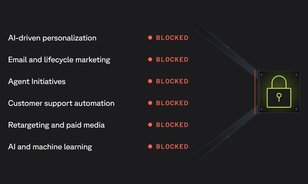 Six digital functionalities including AI-driven personalization and email marketing are listed and marked 'BLOCKED', with lines converging to a green padlock icon.