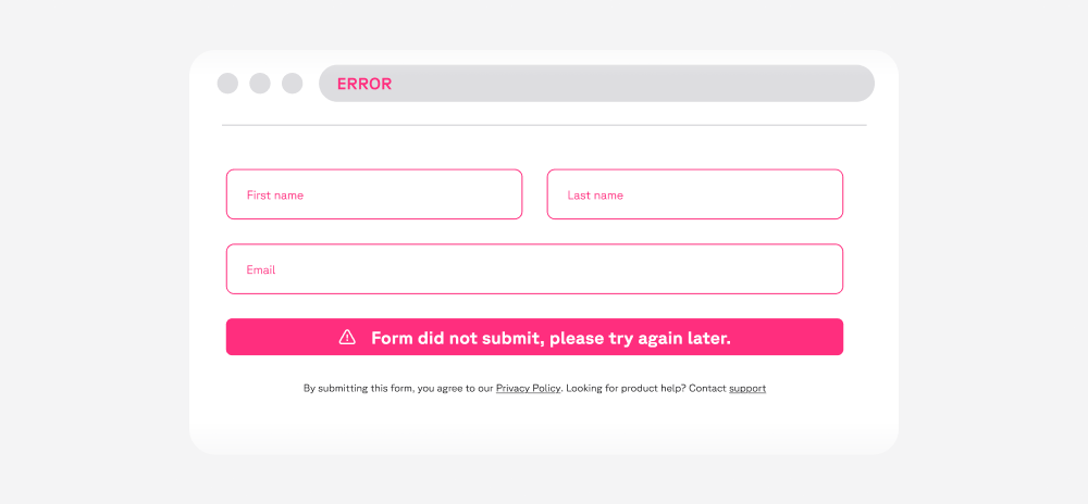 Illustration of a web form displaying a "Form did not submit, please try again later" error message.