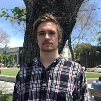 A person with light hair and a beard stands in front of a tree, wearing a plaid shirt, with a park and buildings in the background.