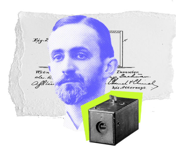 A headshot in a stylized format in front of a patent and image of some camera device