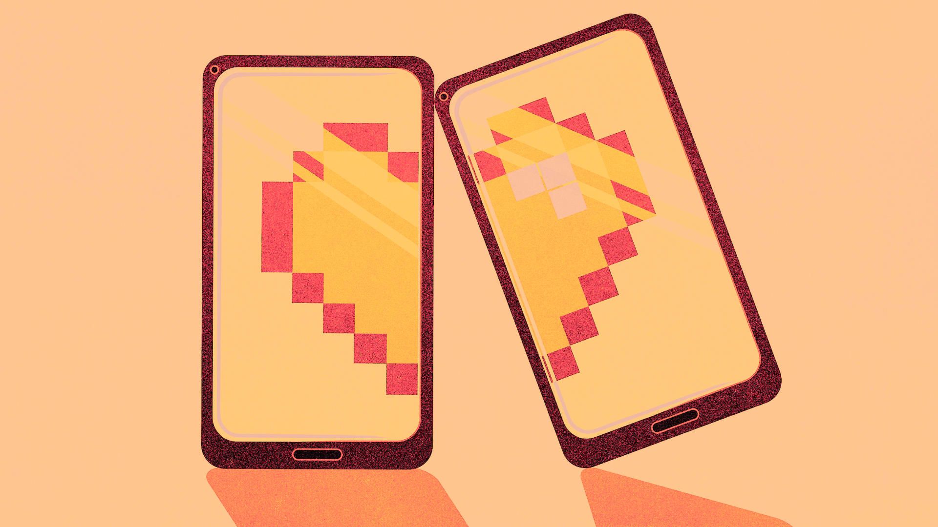 Two smartphones with large pixelated hearts displayed on their screens, positioned side by side against a warm-toned background.