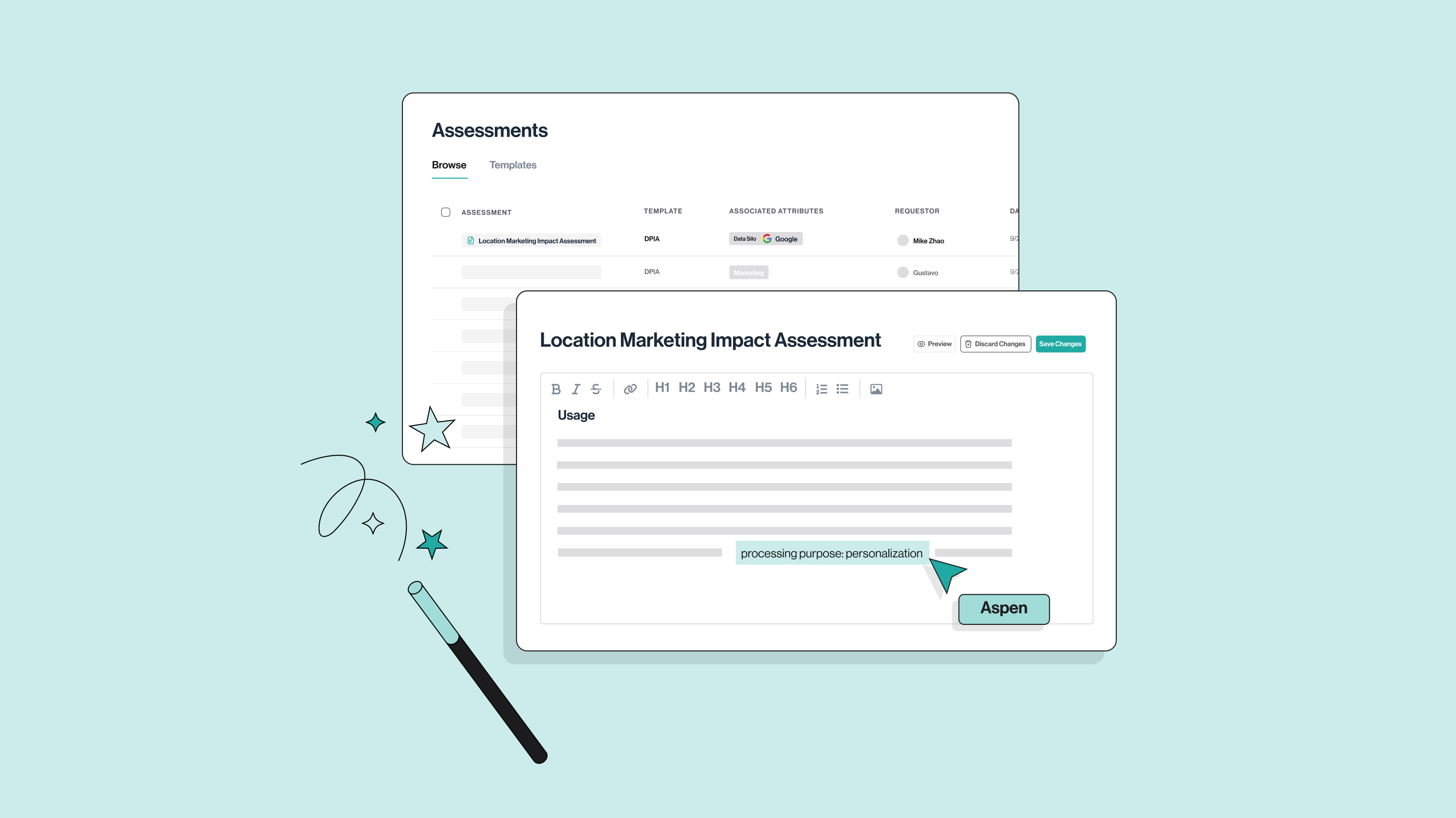 Renderings of Transcend software showing location marketing impact assessment with smiling headshot and magic wand design on green background