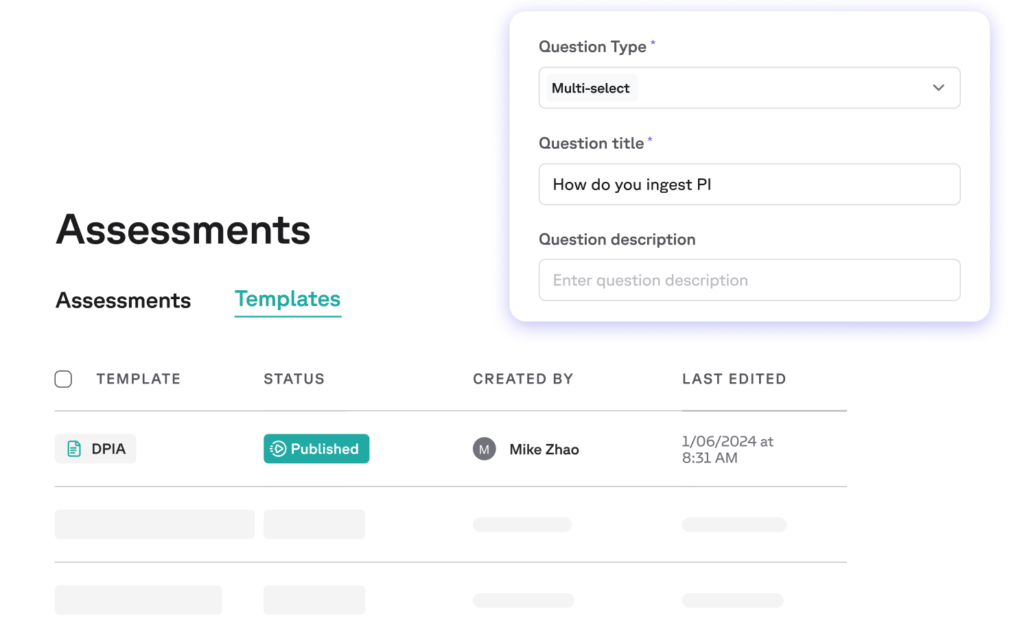 Web interface for managing templates, showing a modal for creating a multi-select question titled "How do you ingest PI".