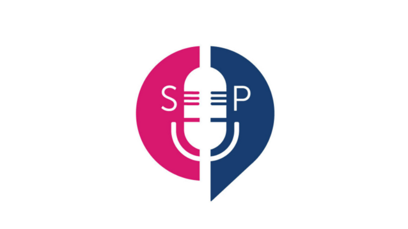 A stylized microphone icon is centered within a speech bubble, divided into pink and blue halves with the letters "S" on the pink side and "P" on the blue side.
