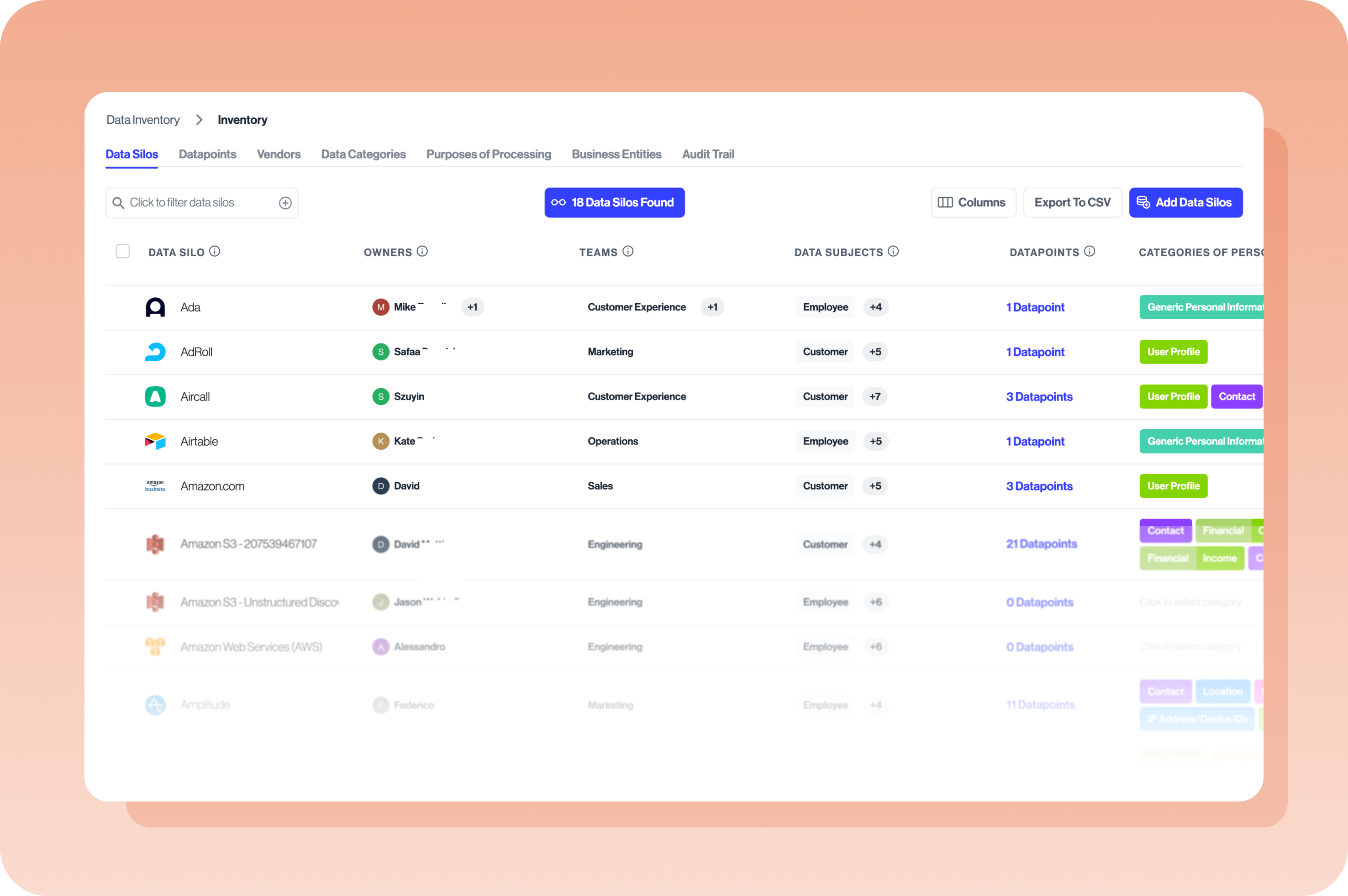 Rendering of transcend software Data inventory tool