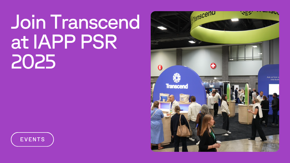 People gather at a Transcend booth during the IAPP PSR 2025 event, with a prominent green circular banner overhead.