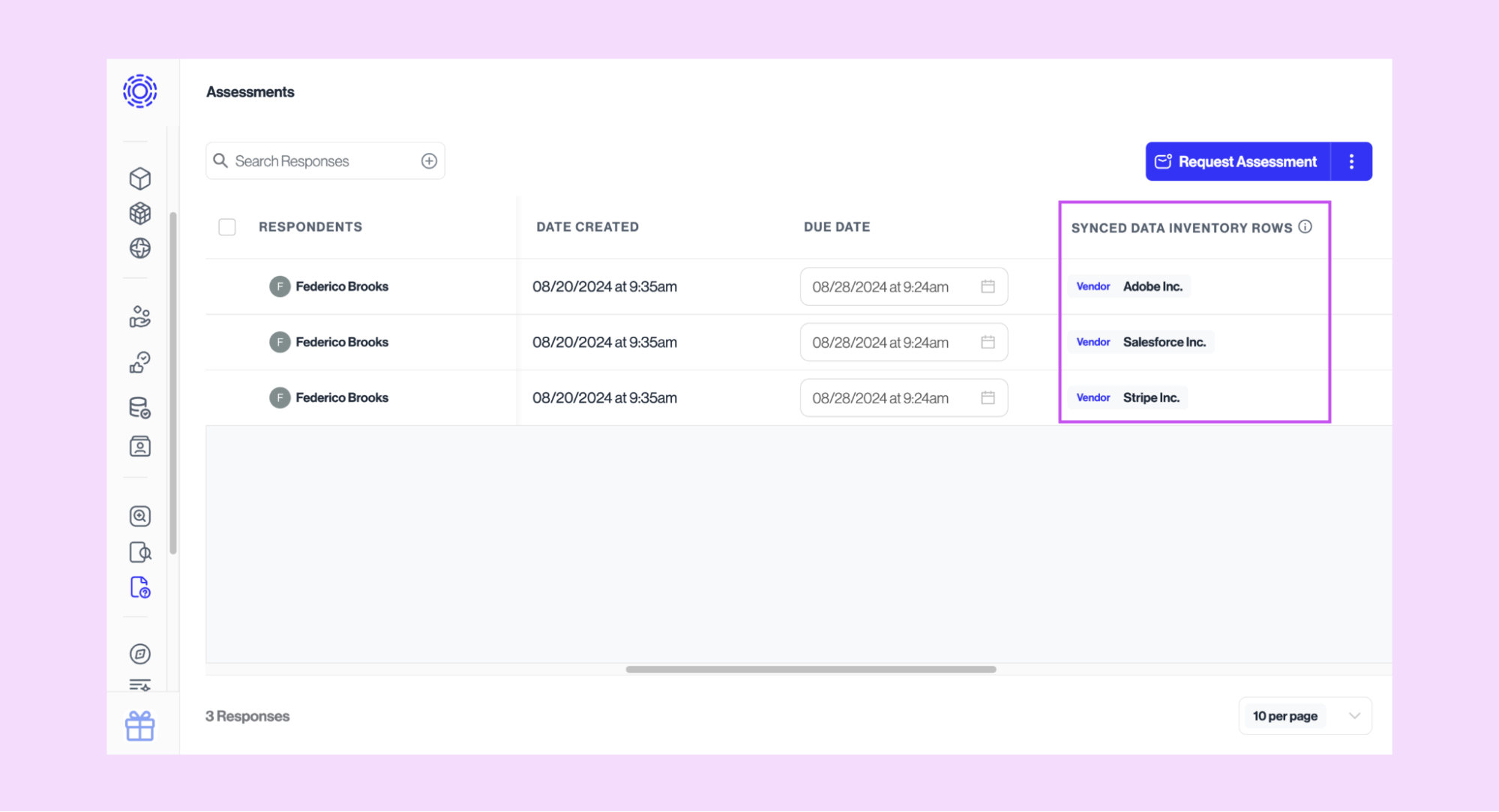 A dashboard displays a table of assessments with columns for respondent names, date created, and due dates, showing three entries. A highlighted section on the right lists synced data with companies Adobe Inc., Salesforce Inc., and Stripe Inc.