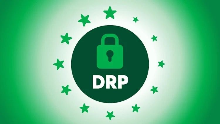 A green lock icon with the letters "DRP" below it is centered on a dark green circle, surrounded by a ring of smaller green stars, all set against a gradient green background.