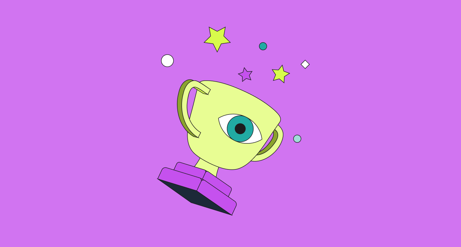 Cartoon style drawing of trophy with an eyeball on purple background