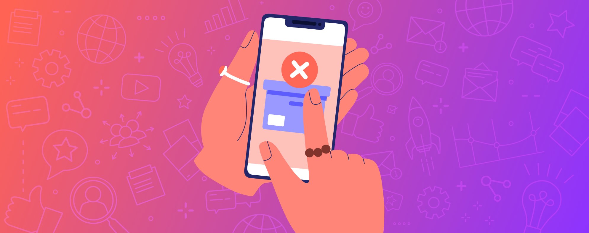 Graphic drawing of hands using smartphone in front of gradient with tech icons