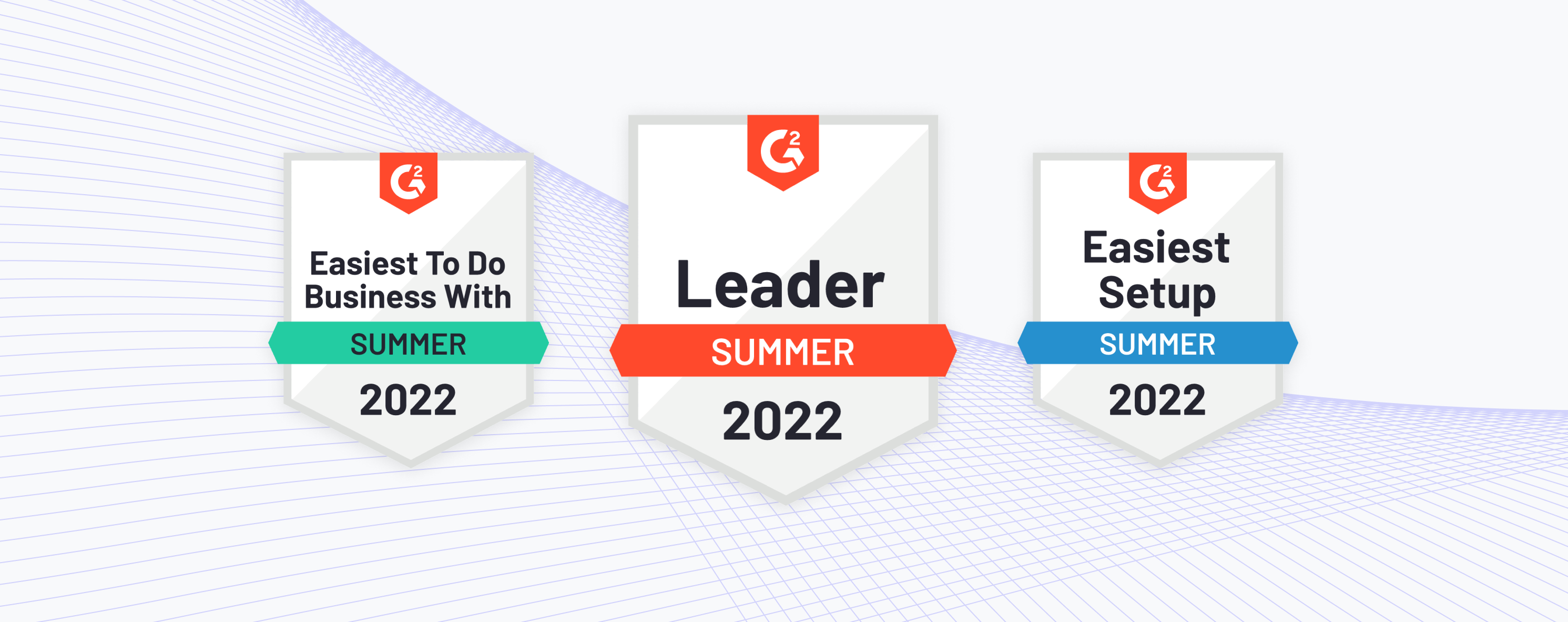 G2 Review Badges showing leader, easiest to do business with, and easiest setup for summer 2022