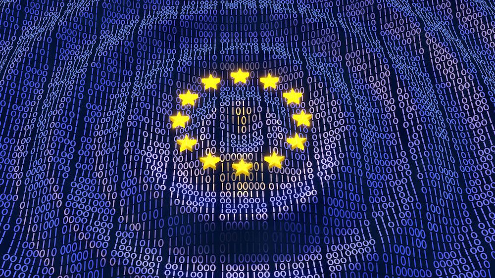 EU stars logo over binary code stylized to look like rippling water