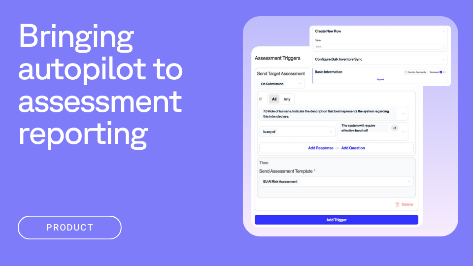 A digital interface displaying assessment trigger settings with text: "Bringing autopilot to assessment reporting." It includes options for sending target assessments and configuring web inventory sync.