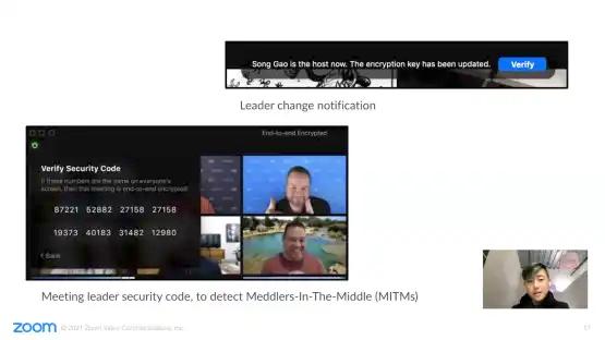 A Zoom meeting screen shows a leader change notification and a security code verification window with multiple participants, displayed to detect Meddlers-In-The-Middle (MITMs).