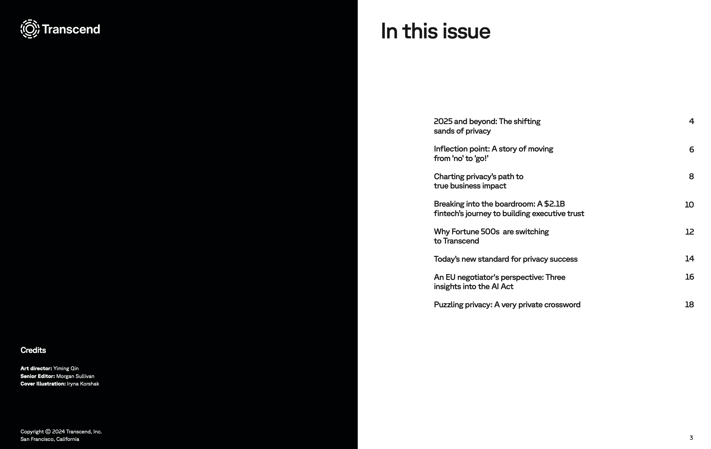 A table of contents for a Transcend branded magazine with sections listed and page numbers