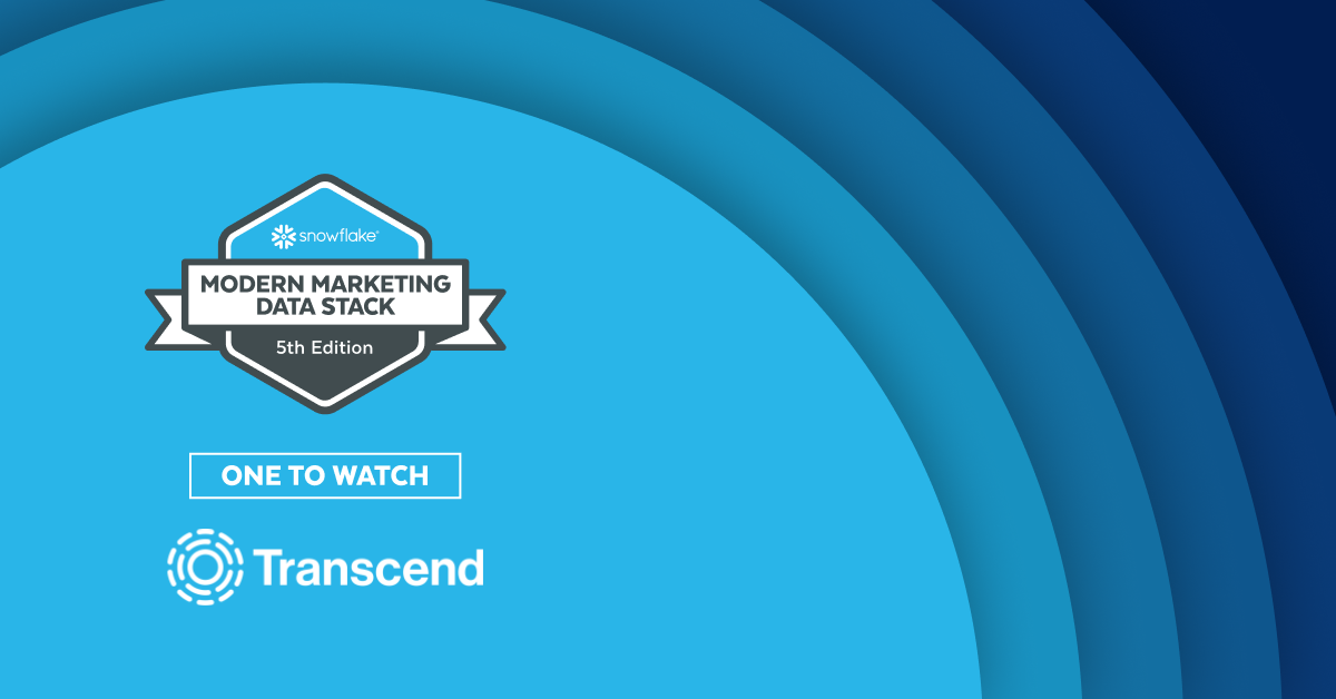 Snowflake Modern Marketing Data Stack 5th Edition badge featuring Transcend as 'One to Watch'.
