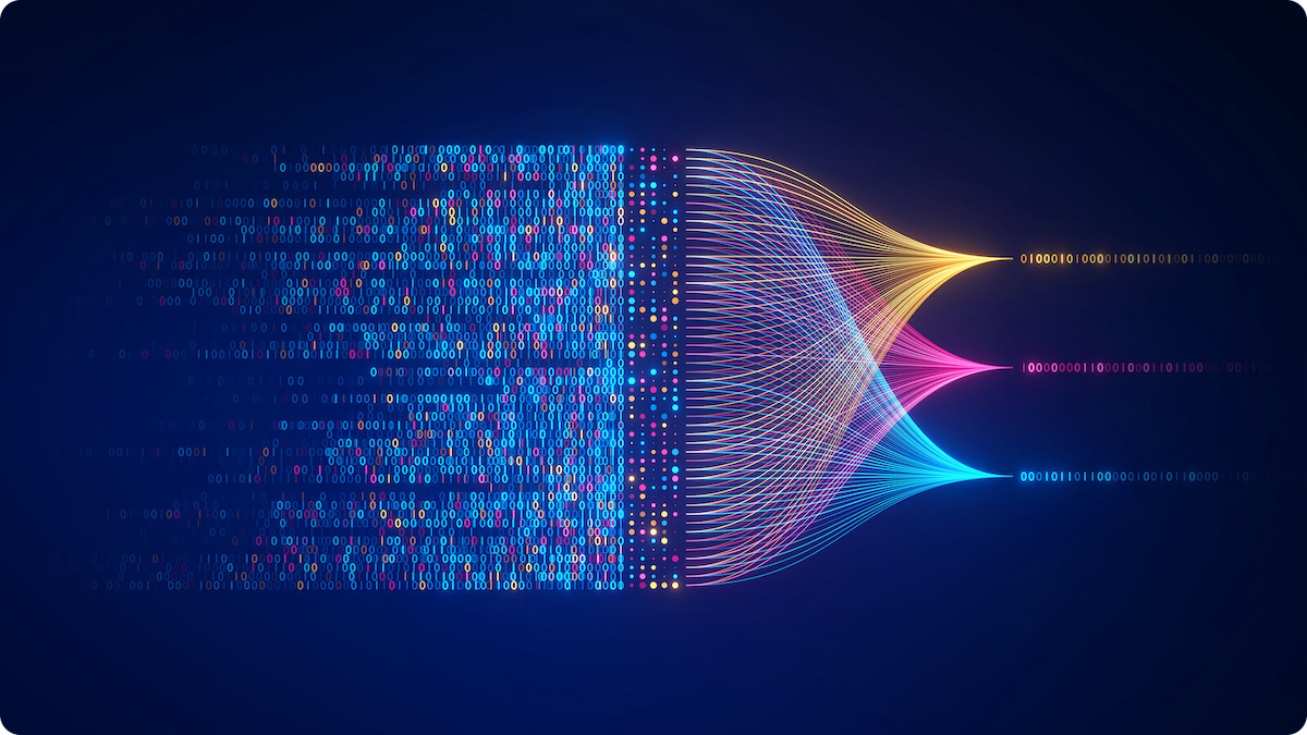 Rainbow binary code scattered being sorted into three color coded lines of data