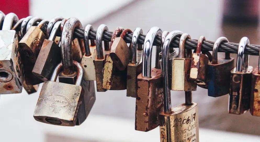 Numerous padlocks attached to a metal cable, showcasing various sizes and degrees of rust.