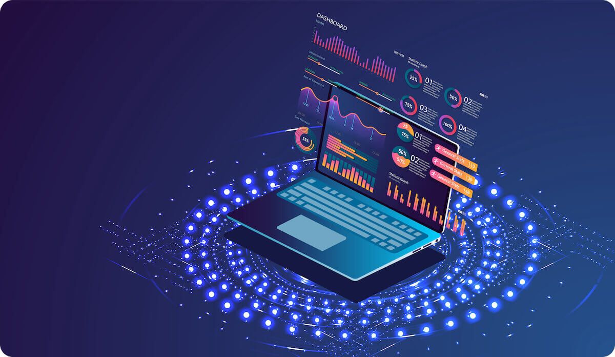 Graphic design of laptop with overlayed data floating above it on blue background