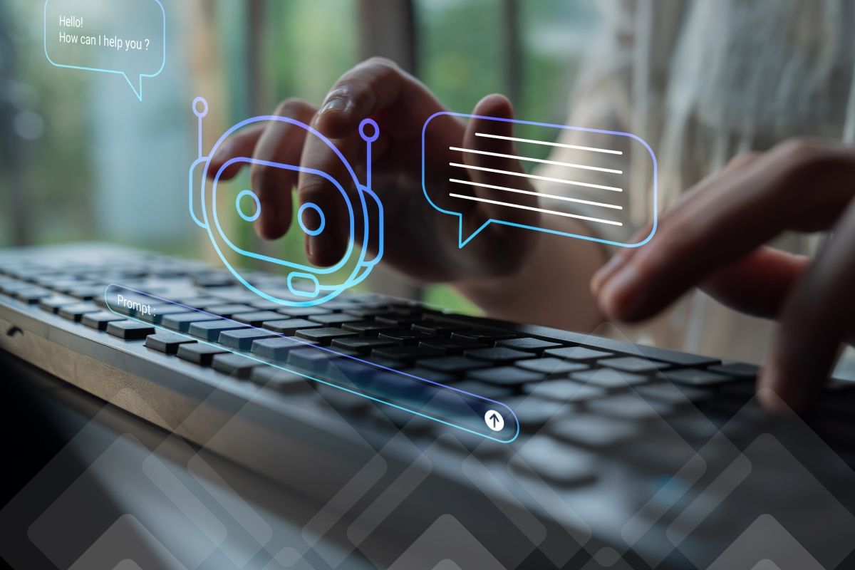 Hands typing on a keyboard with a glowing AI chatbot icon and chat interface overlay.