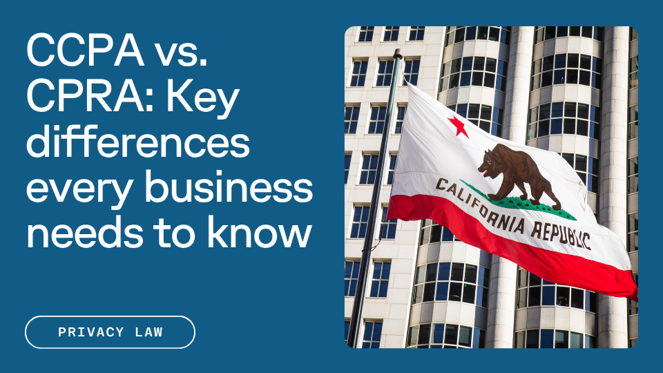 A California Republic flag flutters in front of a tall building, with the text "CCPA vs. CPRA: Key differences every business needs to know" on the left, accompanied by a "Privacy Law" button.