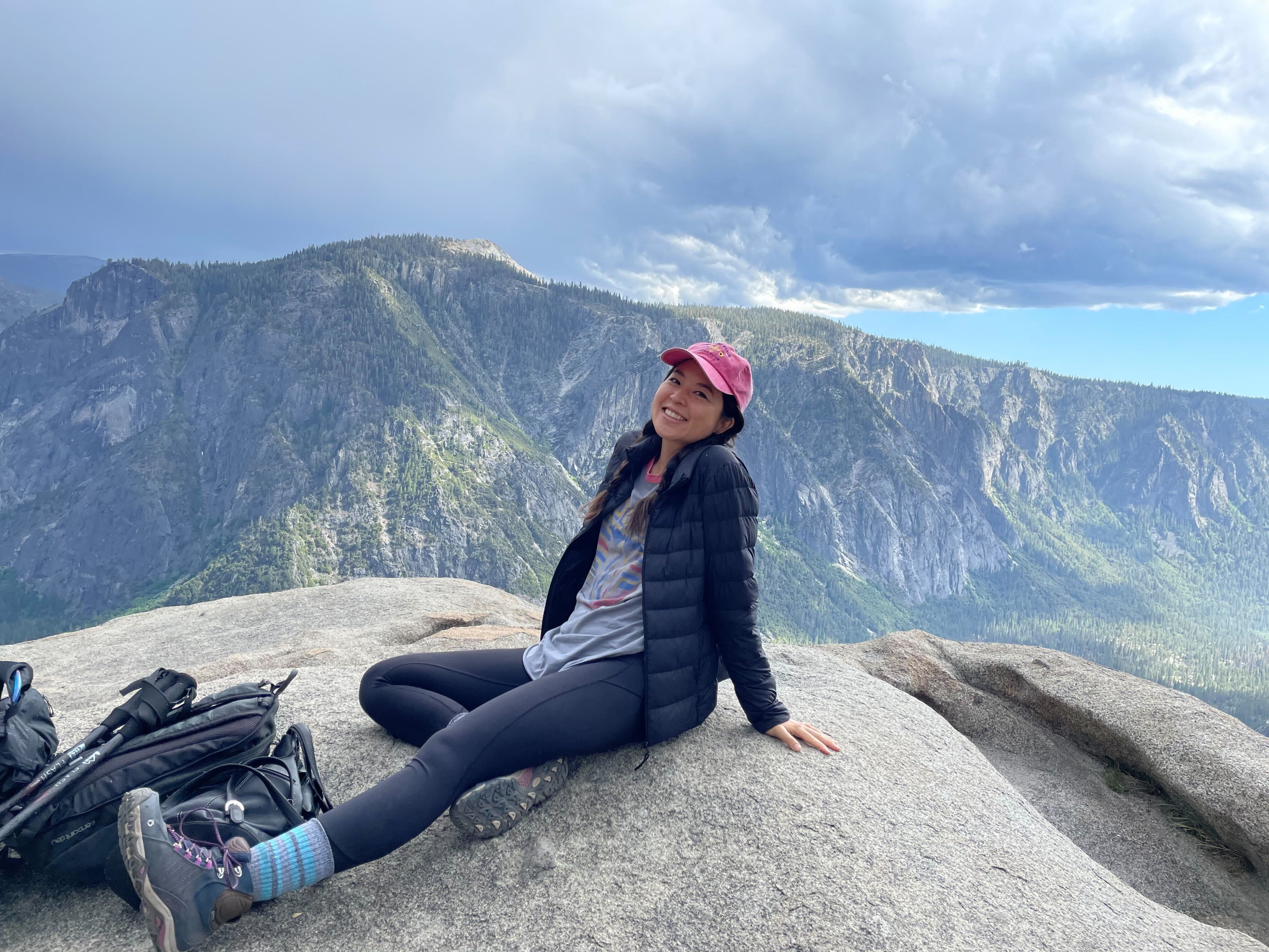 Phyllis Fang resting after a hike in California