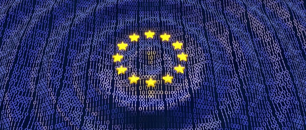 Render of the EU flag made up of wavy binary code