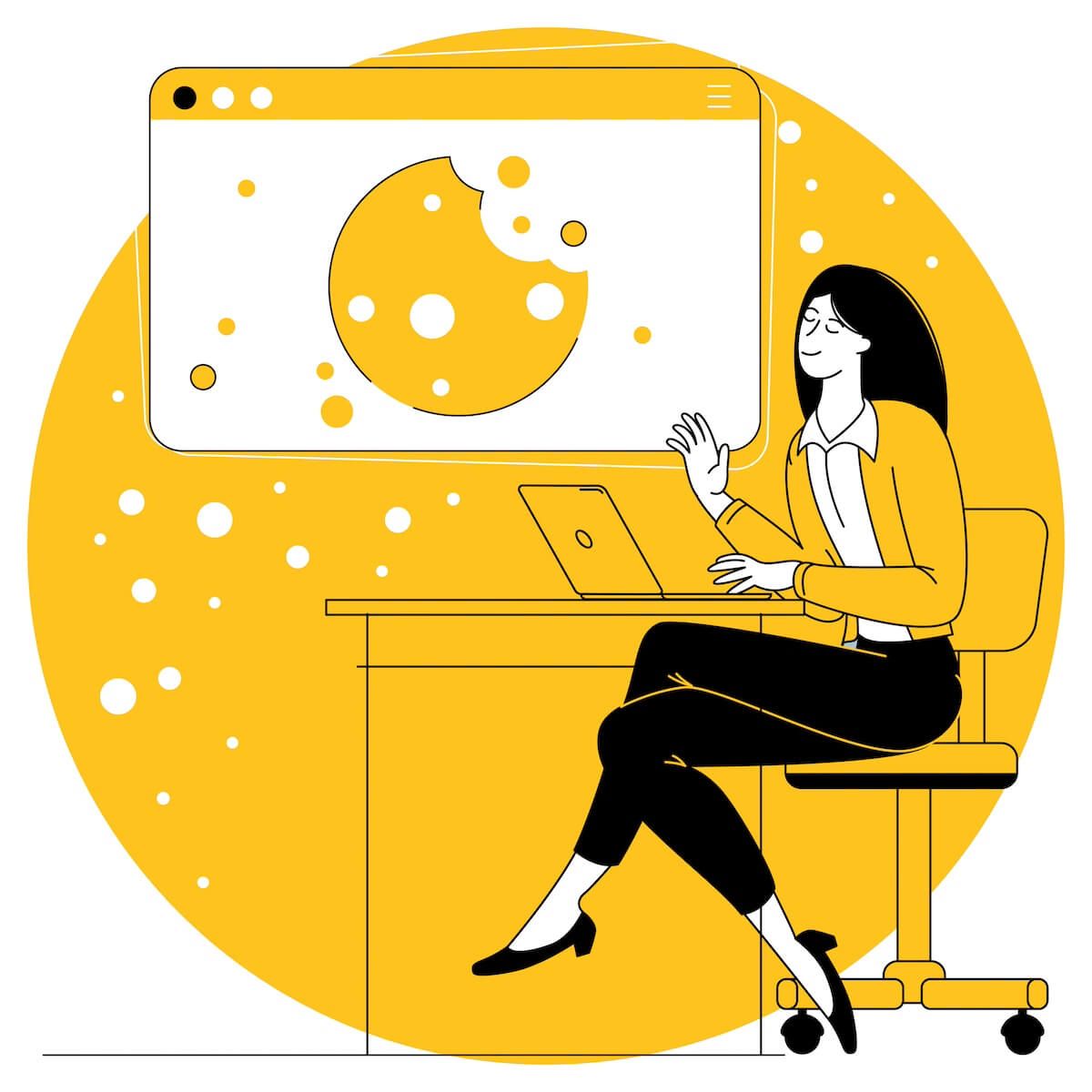 Graphic design of woman working on computer with window showing cookie design