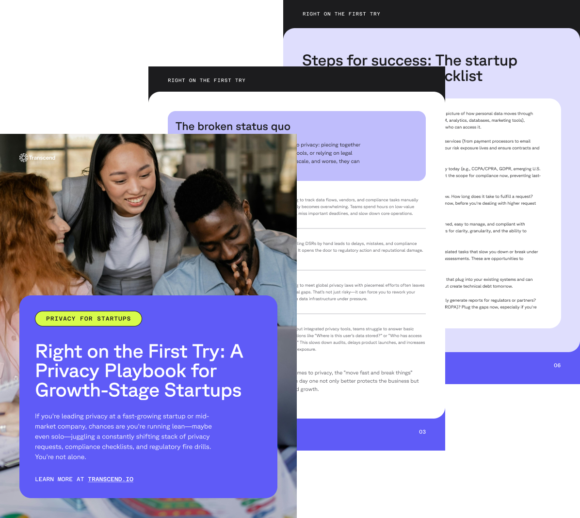 Several overlapping pages show a digital privacy playbook for startups, with vibrant colors and text detailing steps for success and the importance of addressing the "broken status quo" in privacy practices.