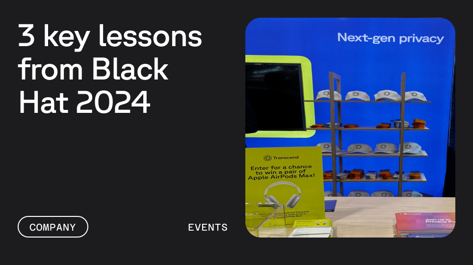 View of hat swag items at trade show booth next to text reading 3 key lessons from Black Hat 2024