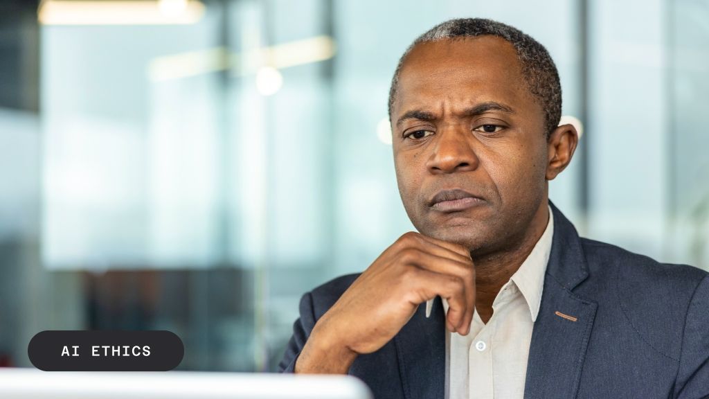A man with a serious, thoughtful expression looks down, with 'AI ETHICS' text in the bottom left.