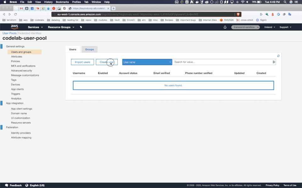 AWS Cognito dashboard displaying user pool details with options to import users, create user, and search users. The page shows no users found under the "Users" tab, and various navigation and settings menus are visible at the top.
