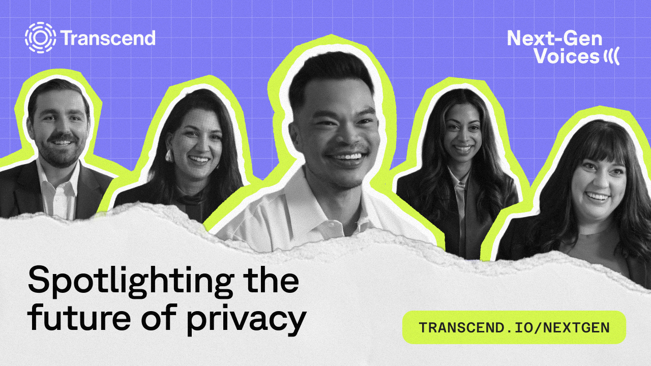 Five smiling people are arranged against a blue grid background, each highlighted with green outlines. The text reads "Spotlighting the future of privacy," alongside Transcend's logo and a link to "TRANSCEND.IO/NEXTGEN."
