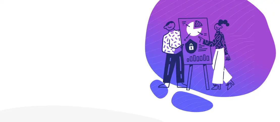Graphic rendition of two people reviewing chart with hand-drawn style with purple gradient blog behind the design