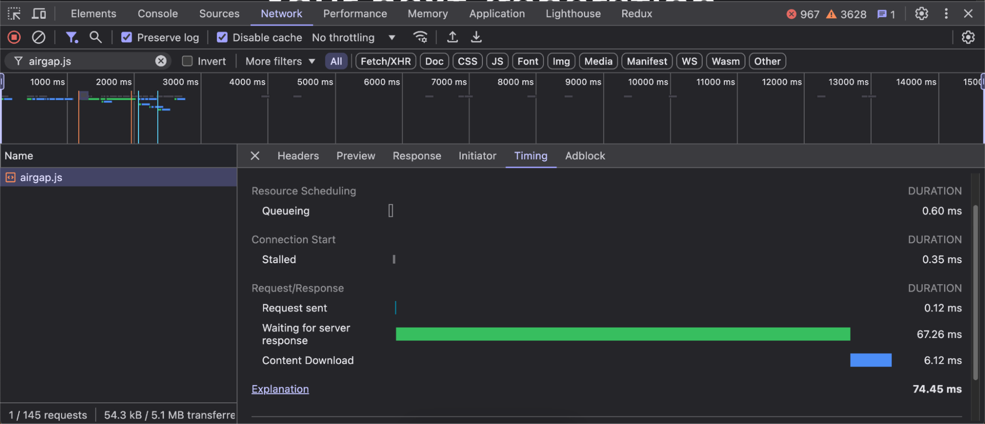 A developer console showing the network timing for a script named "airgap.js," highlighting phases such as "Queuing," "Stalled," "Request/Response," "Waiting for server response," and "Content Download" with corresponding durations.