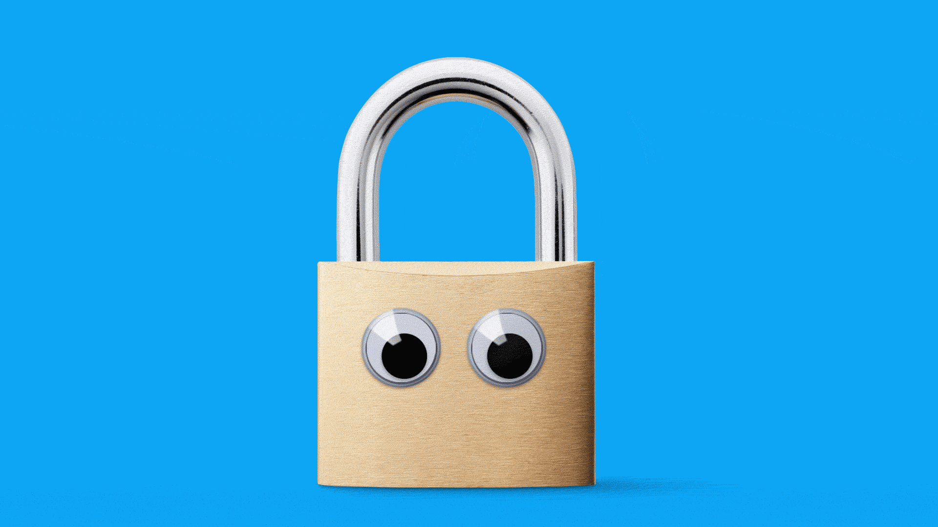 A padlock with googly eyes attached, set against a bright blue background.