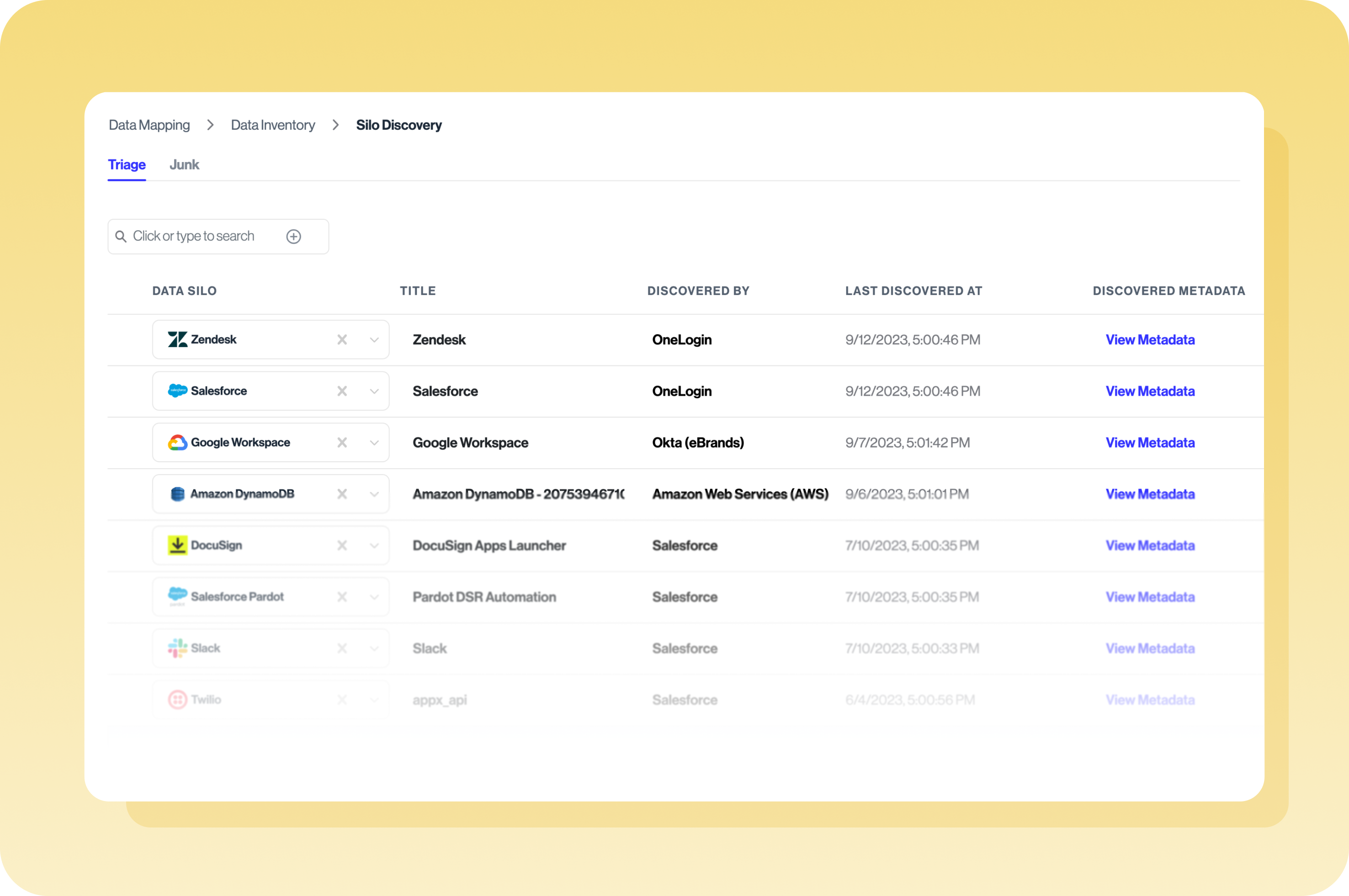 Rendering of transcend software silo discovery tool