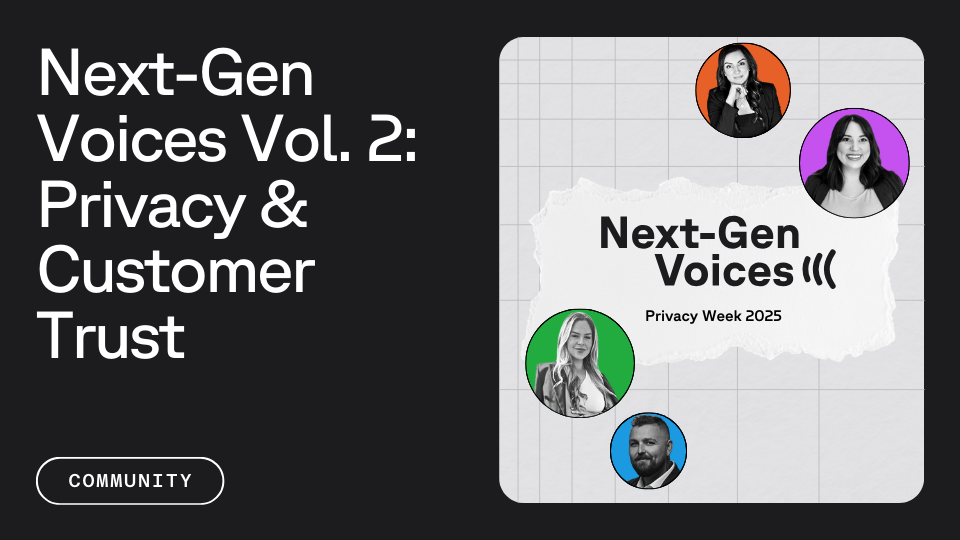 Text that reads "Next-Gen Voices Vol. 2: Privacy & Customer Trust" next to an image that says "Next-Gen Voices: Privacy Week 2025" with pictures of four privacy professionals being highlighted in this piece.s