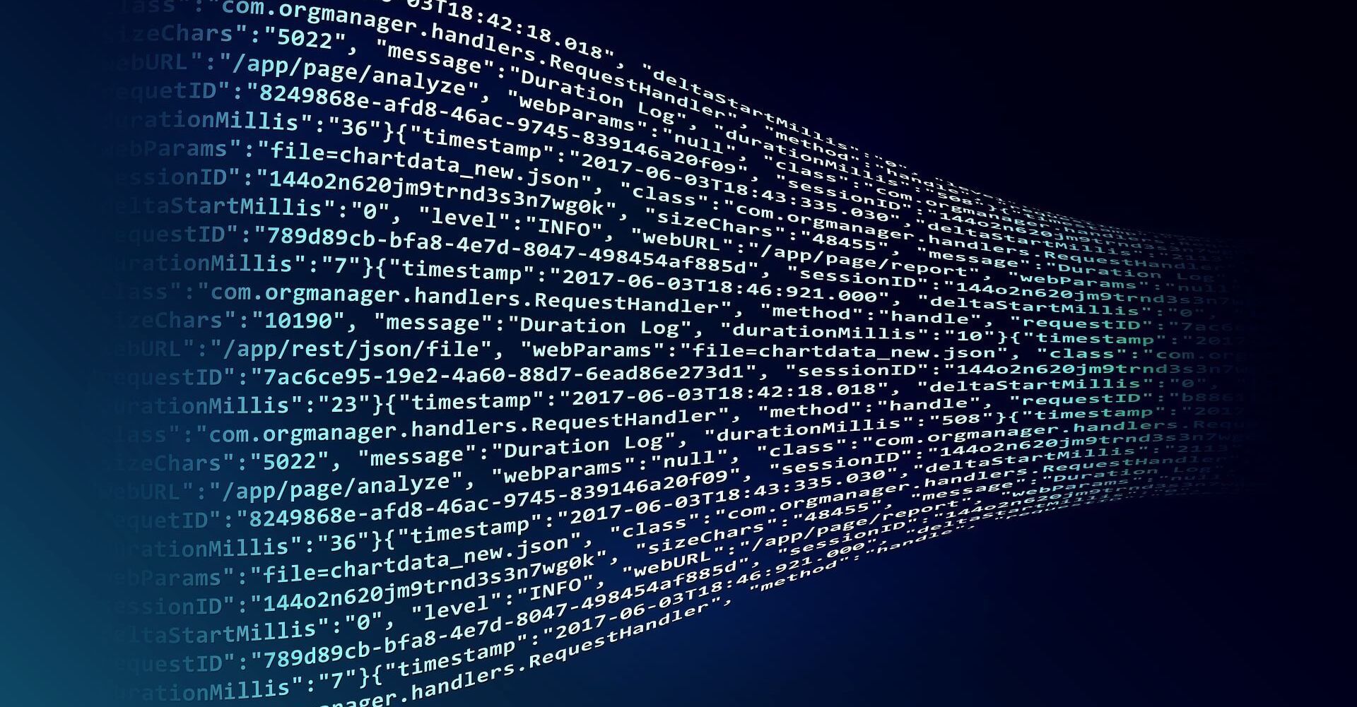 Wavy string of computer code stretched over a dark blue background