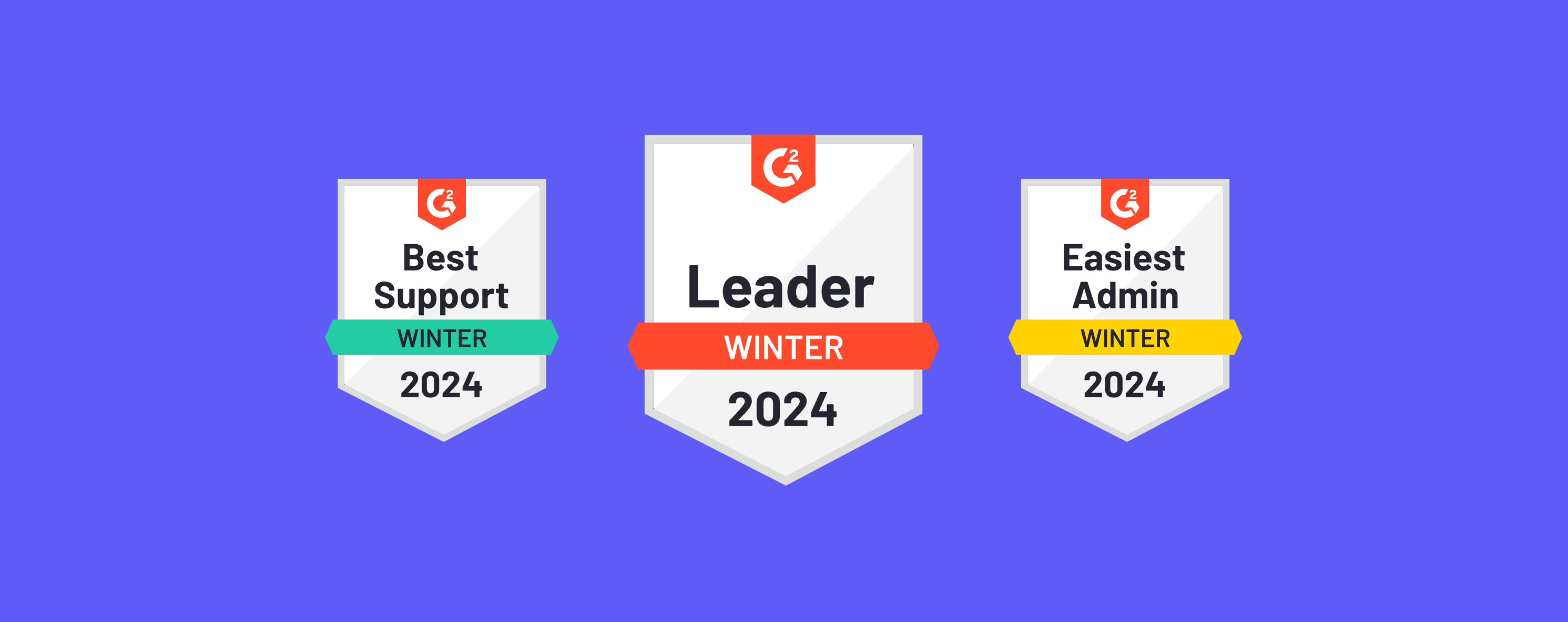 G2 Review Badges showing leader, best support with, and easiest admin for winter 2024