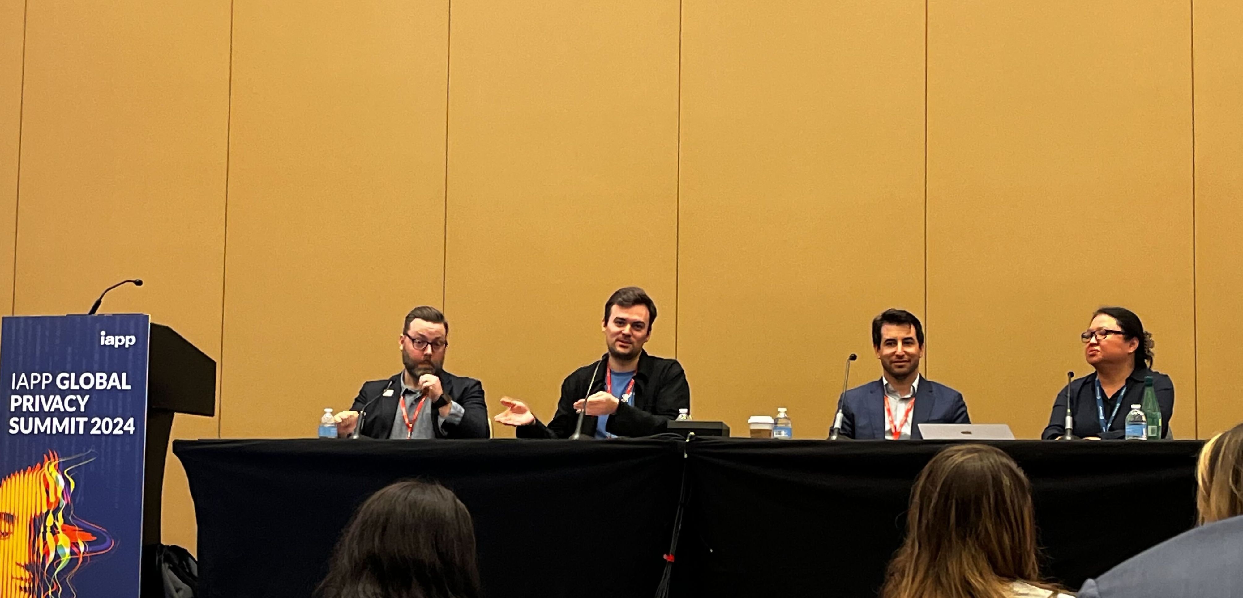 Alan Wilemon, Ben Brook, Daniel Goldstein, and Tina Hwang speaking on a panel on AI governance at IAPP Global Privacy Summit 2024