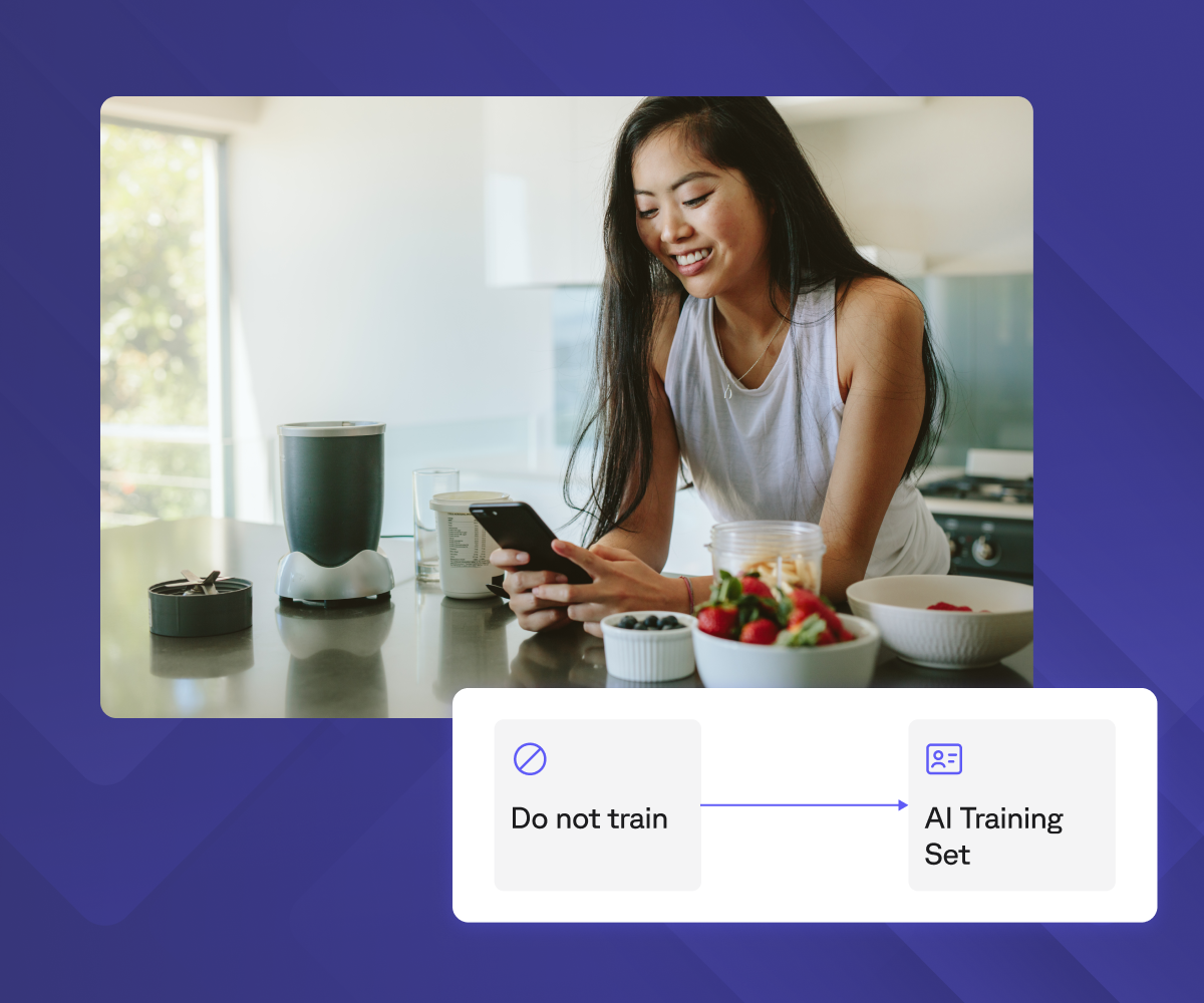A woman in a kitchen looking at her phone next to a blender and fruit, with an overlaid diagram showing 'Do not train' pointing to 'AI Training Set'.